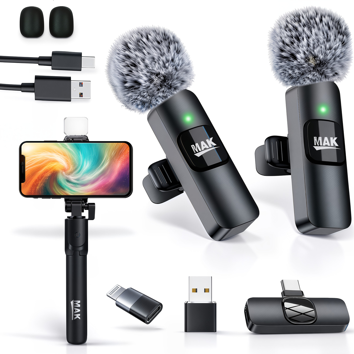 MAK All-in-One Dual Wireless Mic and LED Selfie Stick - Image 1