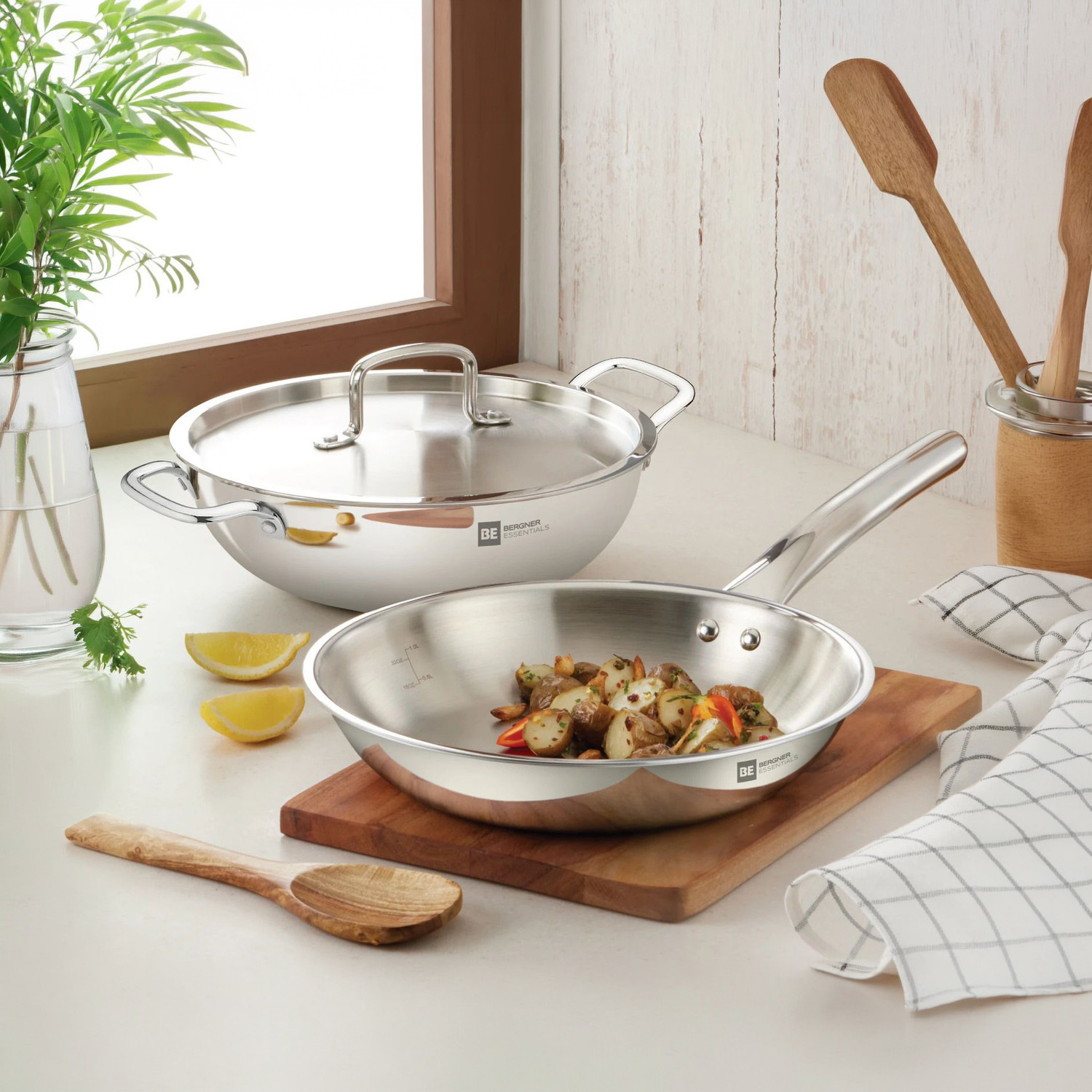 BERGNER Essentials Triply 22cm Kadai & Frypan Set - Image 1