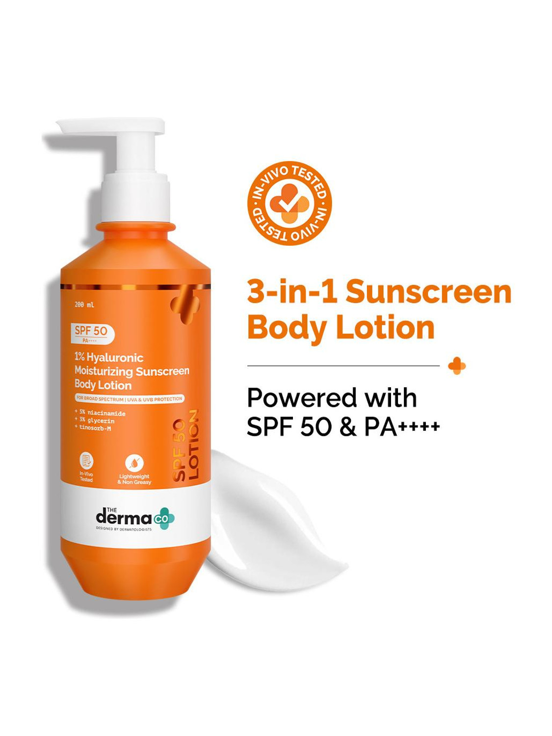 The Derma Co 1% Hyaluronic Sunscreen Body Lotion SPF 50 PA++++ 200ml - Image 1