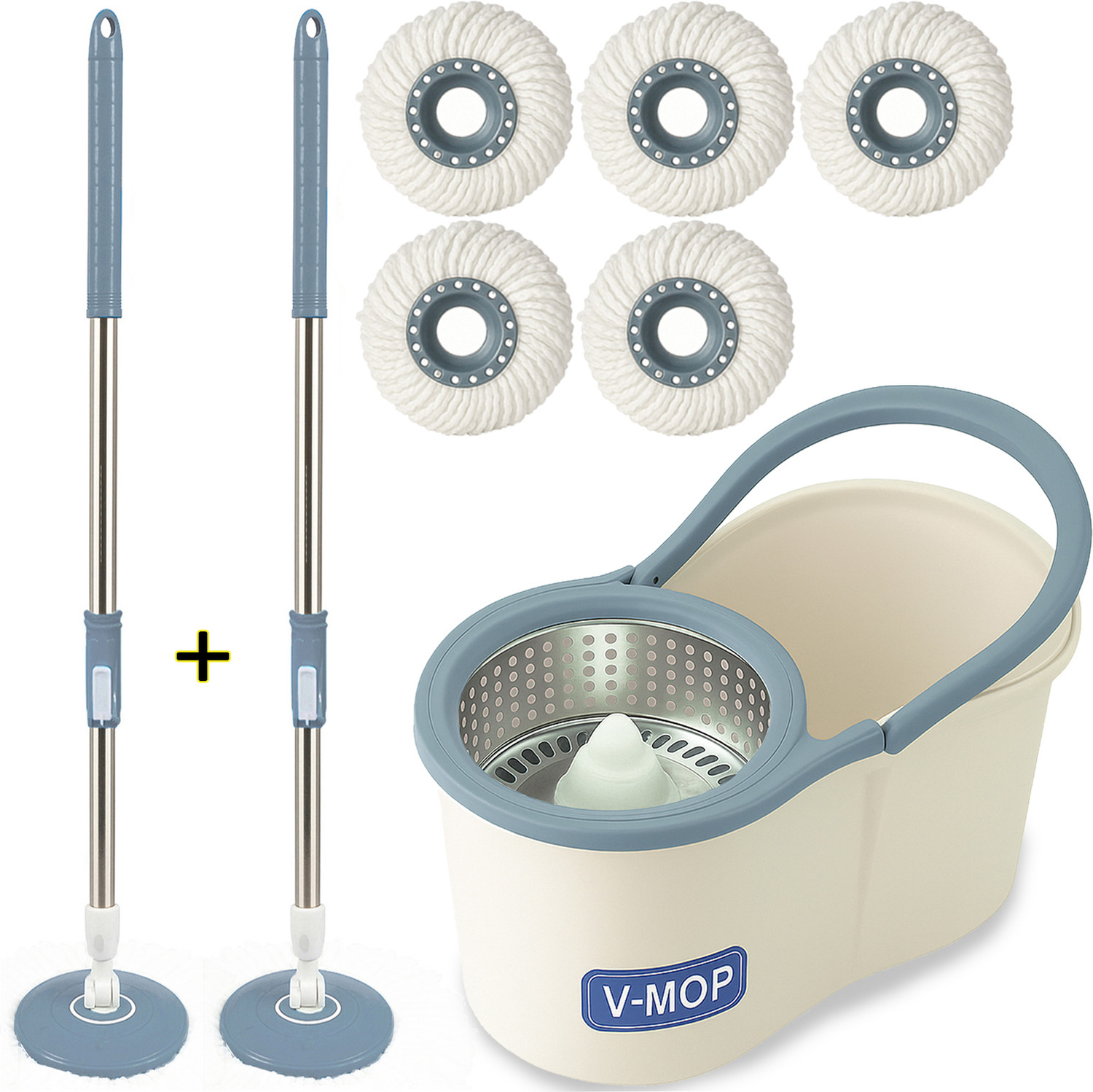 V-MOP Premium Steel Spin Bucket Mop with 2 Rods & 5 Refills - Image 1
