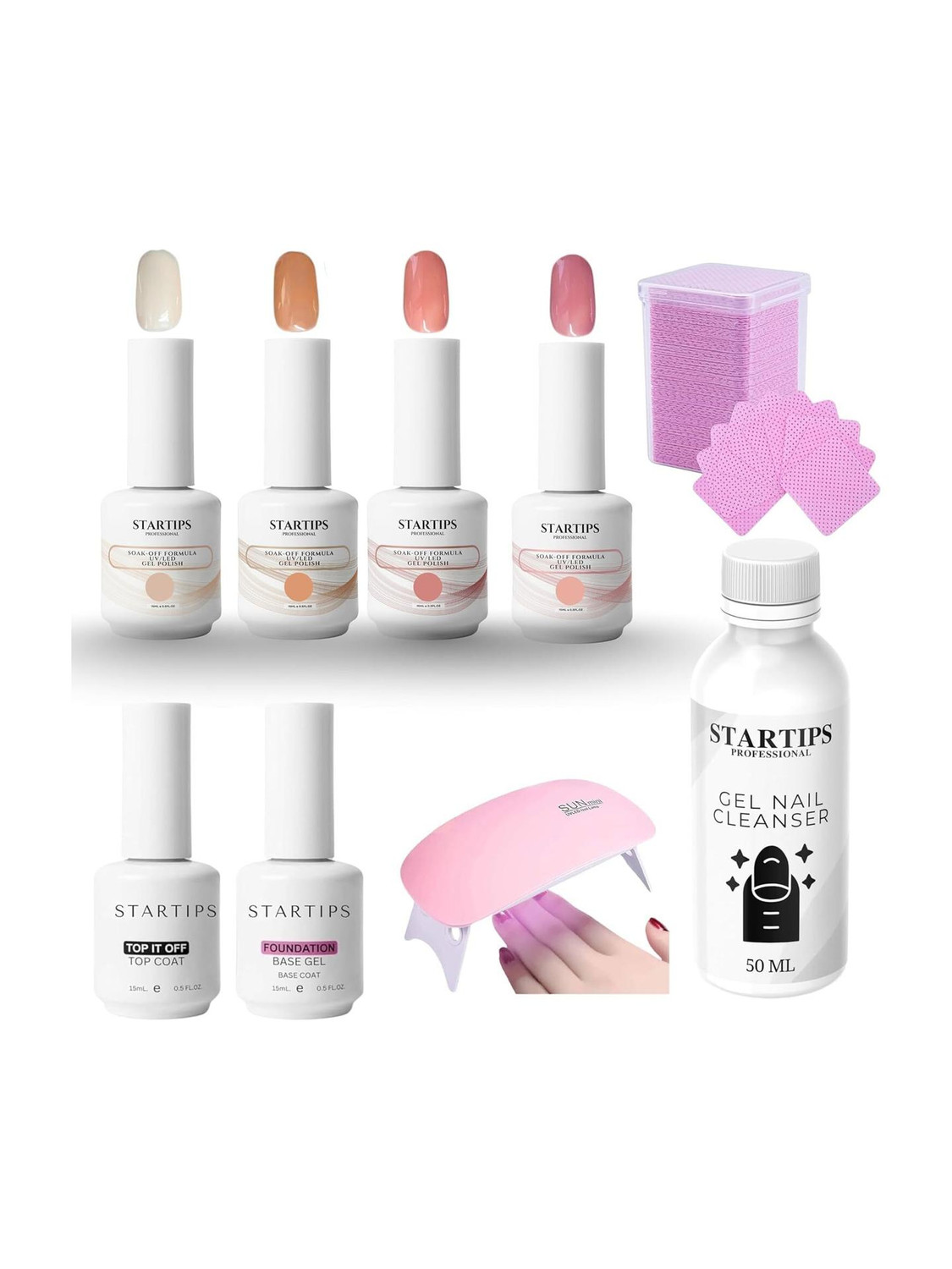 STARTIPS 9 in 1 Nude Gel Polish Kit with UV Lamp Base Top Cleanser Wipes Set (nude) - Image 1