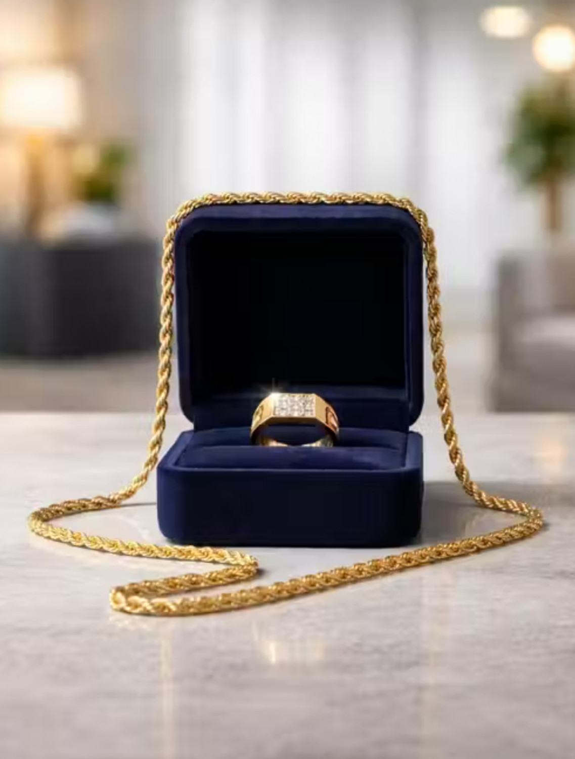 THMT Golden Rope Neckchain with Diamond Studded Ring Combo for Men - Image 1