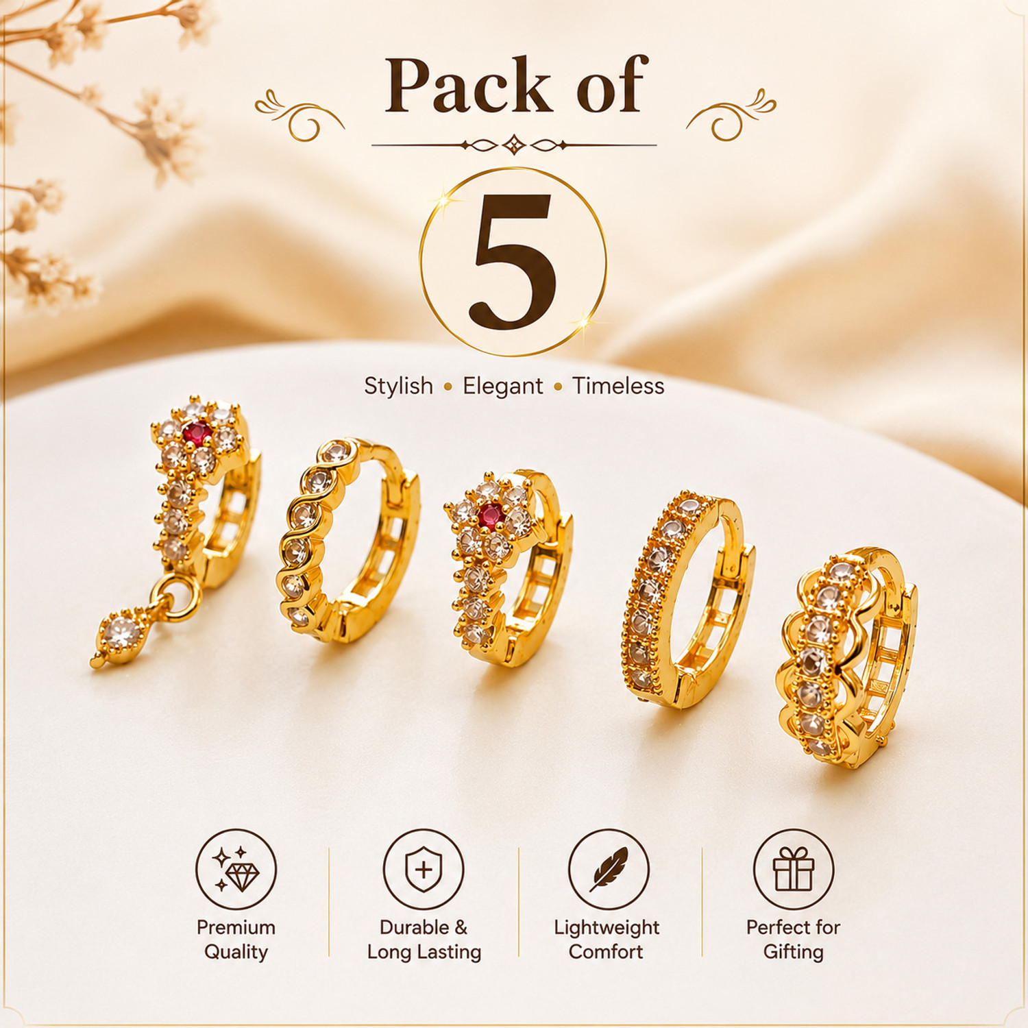 Luckyart Beads Brass Plated Brass Nose Ring (Pack of 5) - Image 1