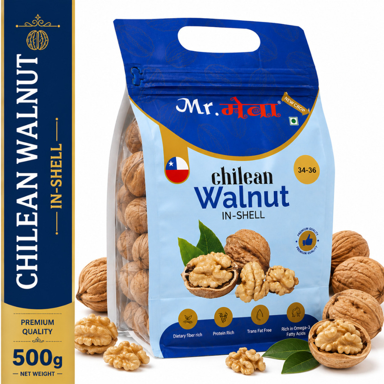 Mr.Meva Premium Chilean In-Shell Walnuts | Natural, Fresh & Crunchy Akhrot | Dry Fruits Walnuts (1 x 500 g) - Image 1