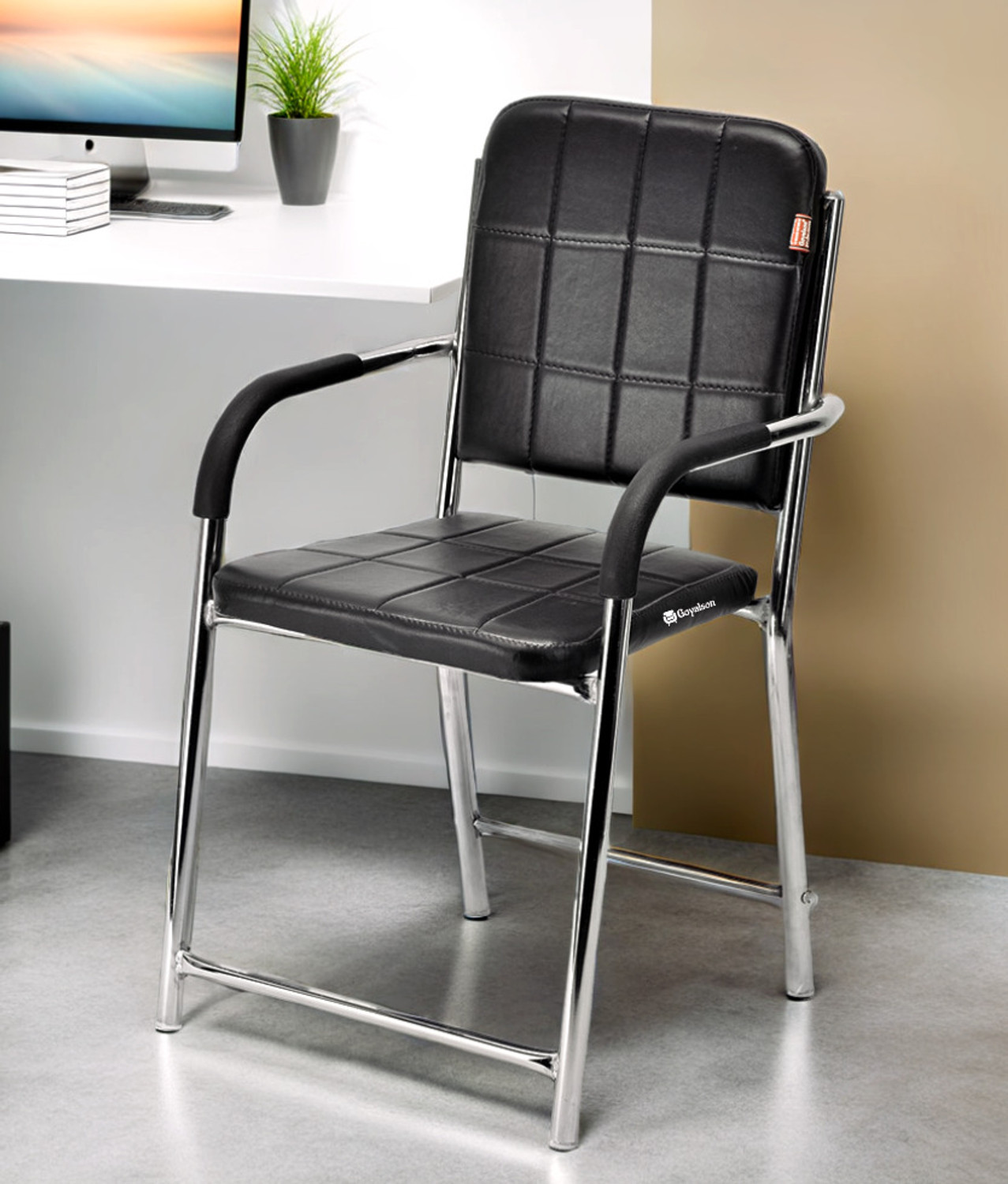KITHANIA Office study Chair Executive Visitor Study with arm Rest Steel Frame Leather Office Visitor Chair (Black, Optional Installation Available) - Image 1