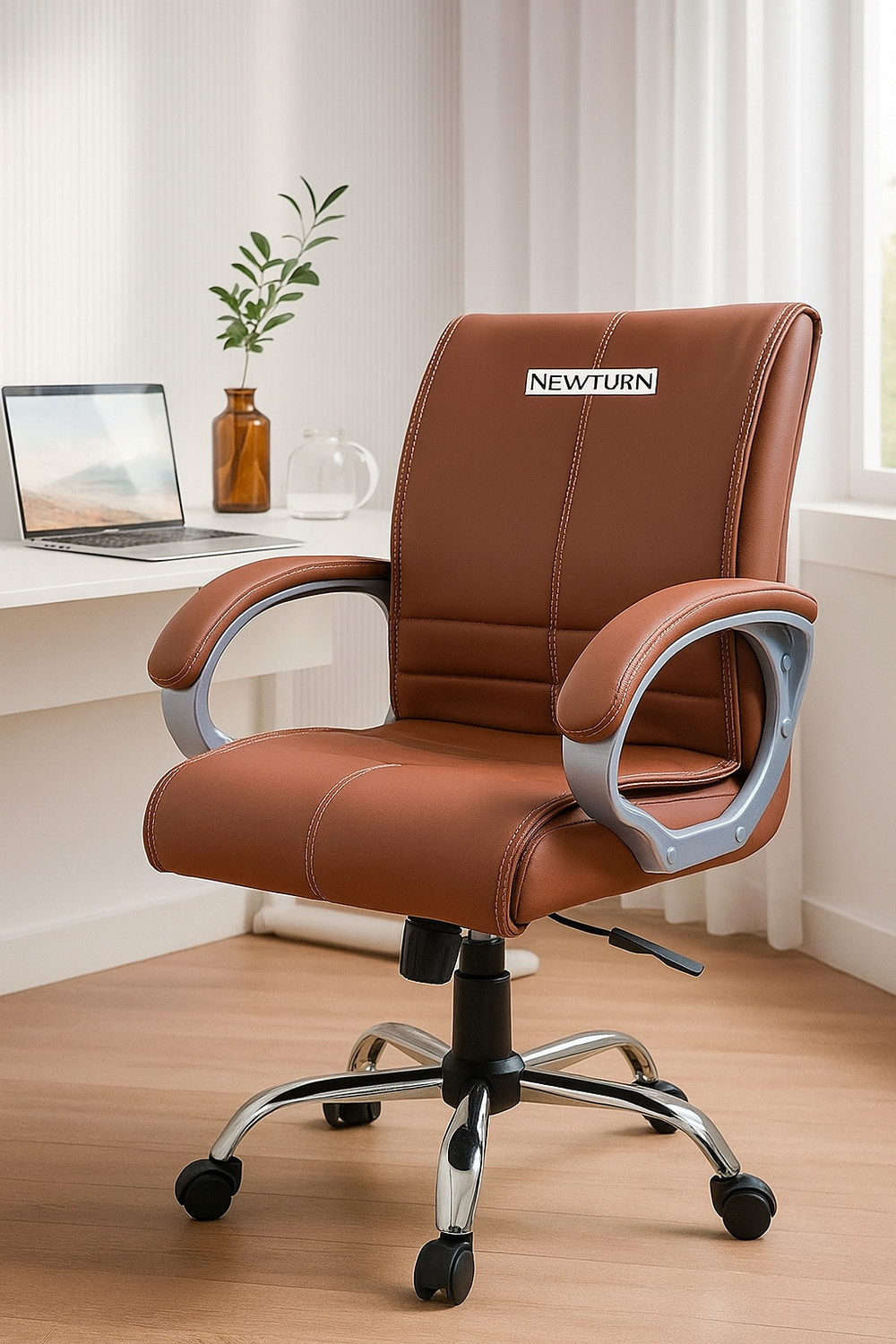 Newturn MAXSON Mid back Leather Office revolving Leather Office Adjustable Arm Chair (Khaki, Optional Installation Available) - Image 1