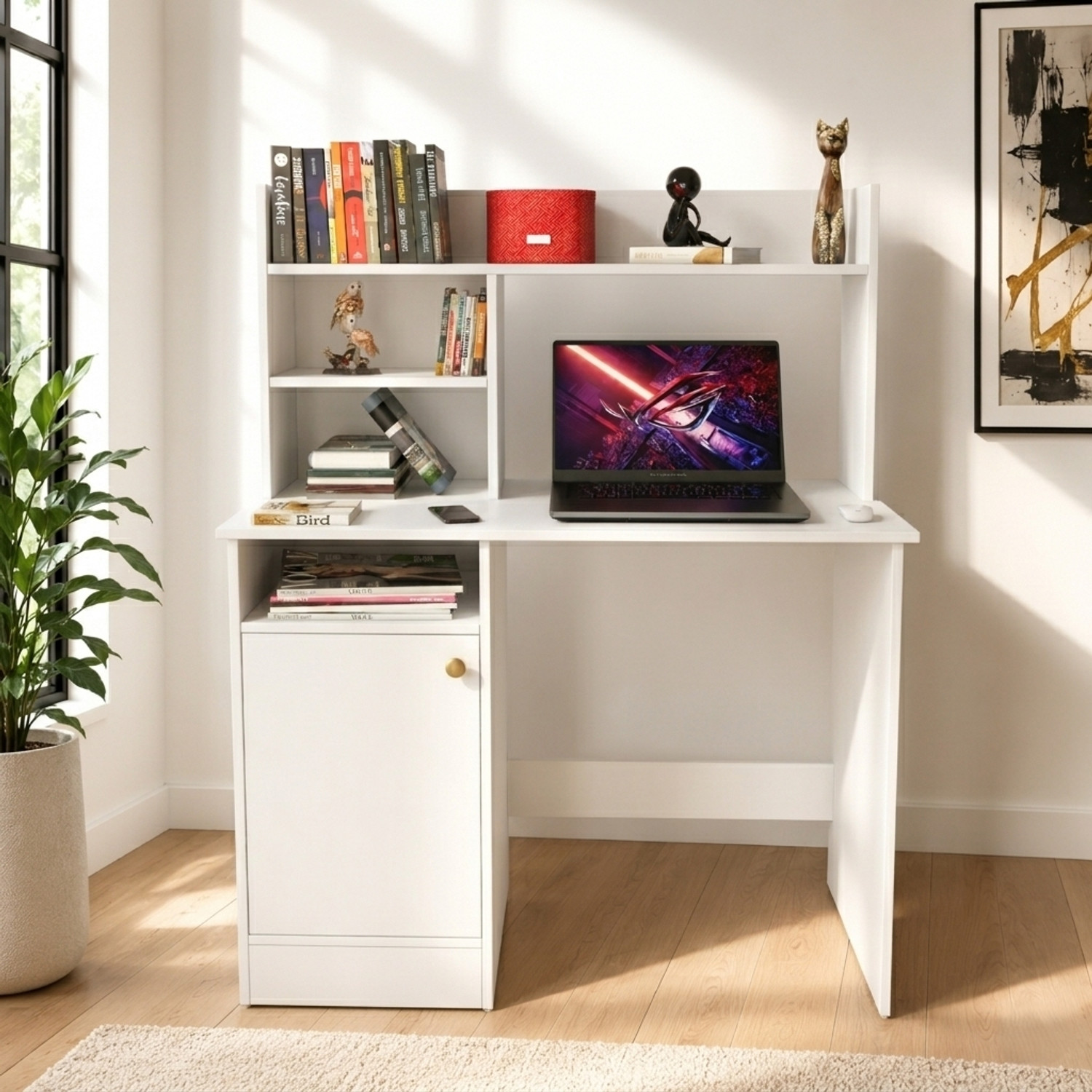 Flipkart Perfect Homes Multipurpose Portable Study Desk with Hutch Storage & Shelves for Home Office Engineered Wood Study Table (Free Standing, Finish Color - White, DIY(Do-It-Yourself)) - Image 1