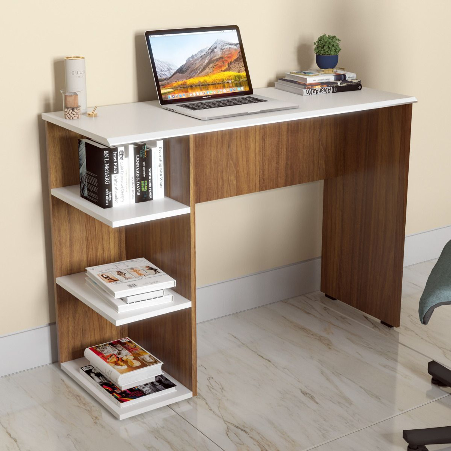 neuspace Venus Study Table with 3 Tier Open Bookshelf Lower Storage Engineered Wood Study Table (Free Standing, Finish Color - Leon Teak White, DIY(Do-It-Yourself)) - Image 1