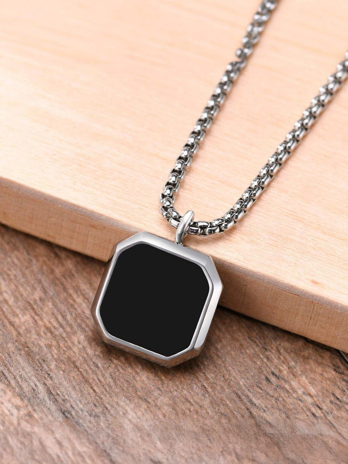 vs unique collections Hexagonal Black Pendant Chain for Men | Silver-Plated Stainless Steel Necklace Silver Stainless Steel Locket Set - Image 1