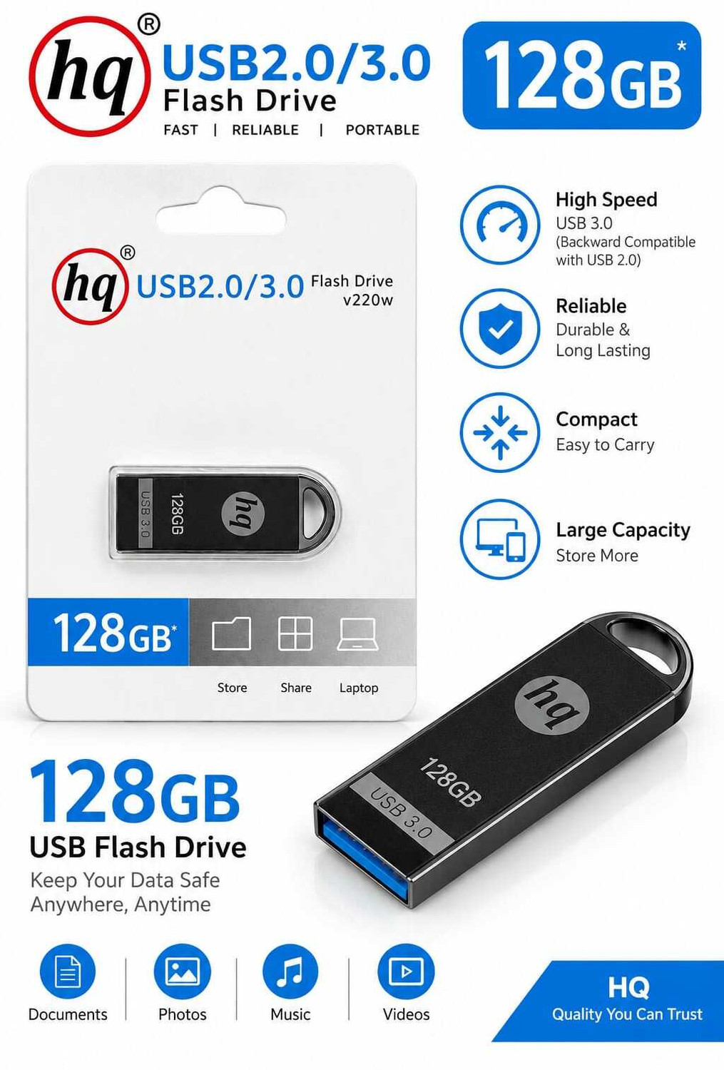 Hq 128GB USB 3.0 Pendrive v220w Flash Drive Body High Sheed for Laptop PC 128 GB Pen Drive Compatible with Laptop, Mobile, Tablet USB 3.0, USB 2.0 Metal Case (Silver) - Image 1
