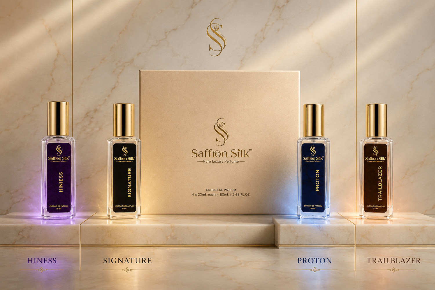 saffron silk Luxury Discovery Set 4 Ã 20 ml | Signature, Proton, Hiness & Trailblazer Extrait De Parfum - 80 ml (For Men & Women) - Image 1