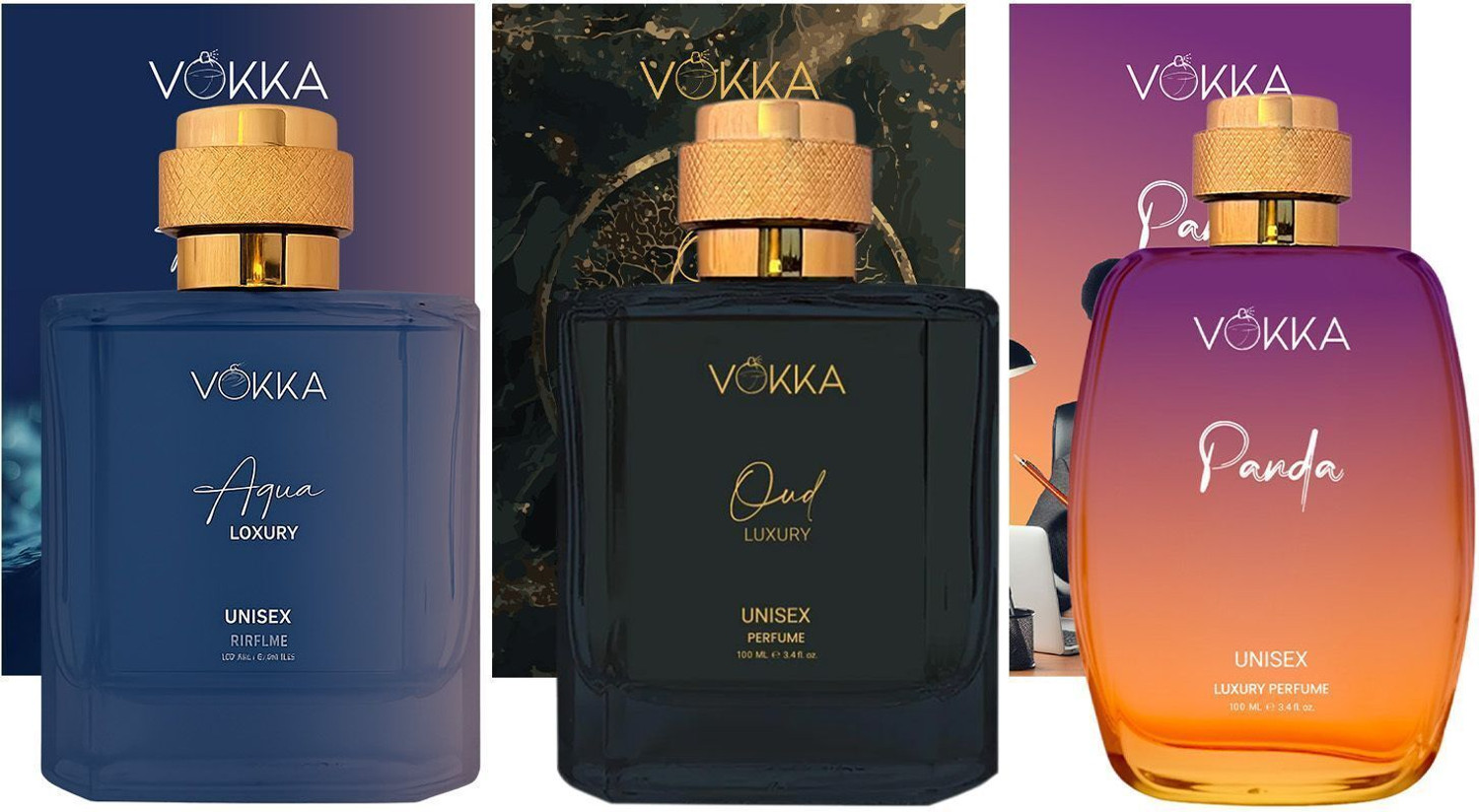 VOKKA Aqua, Oud & Panda Perfume 300ml (Pack of 3x100ml) Long Lasting Gift Set Eau de Parfum - 300 ml (For Men & Women) - Image 1