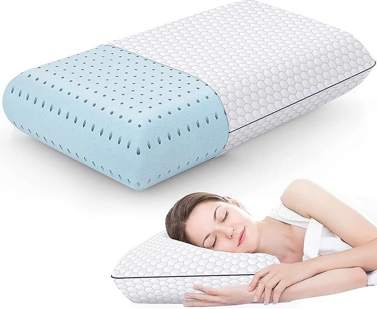 LA VERNE Memory Foam Sleeping Pillow Pack of 1 Geometric Luxury (White, Blue) - Image 1