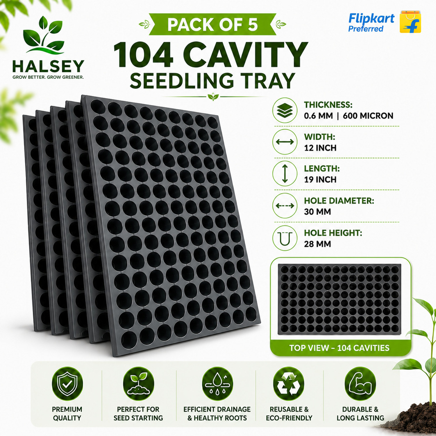 HALSEY Germination Trays for Seedling, for Plants, planter pot,104 holes Cavitie Tray Plant Container Set (Pack of 5, Plastic) - Image 1
