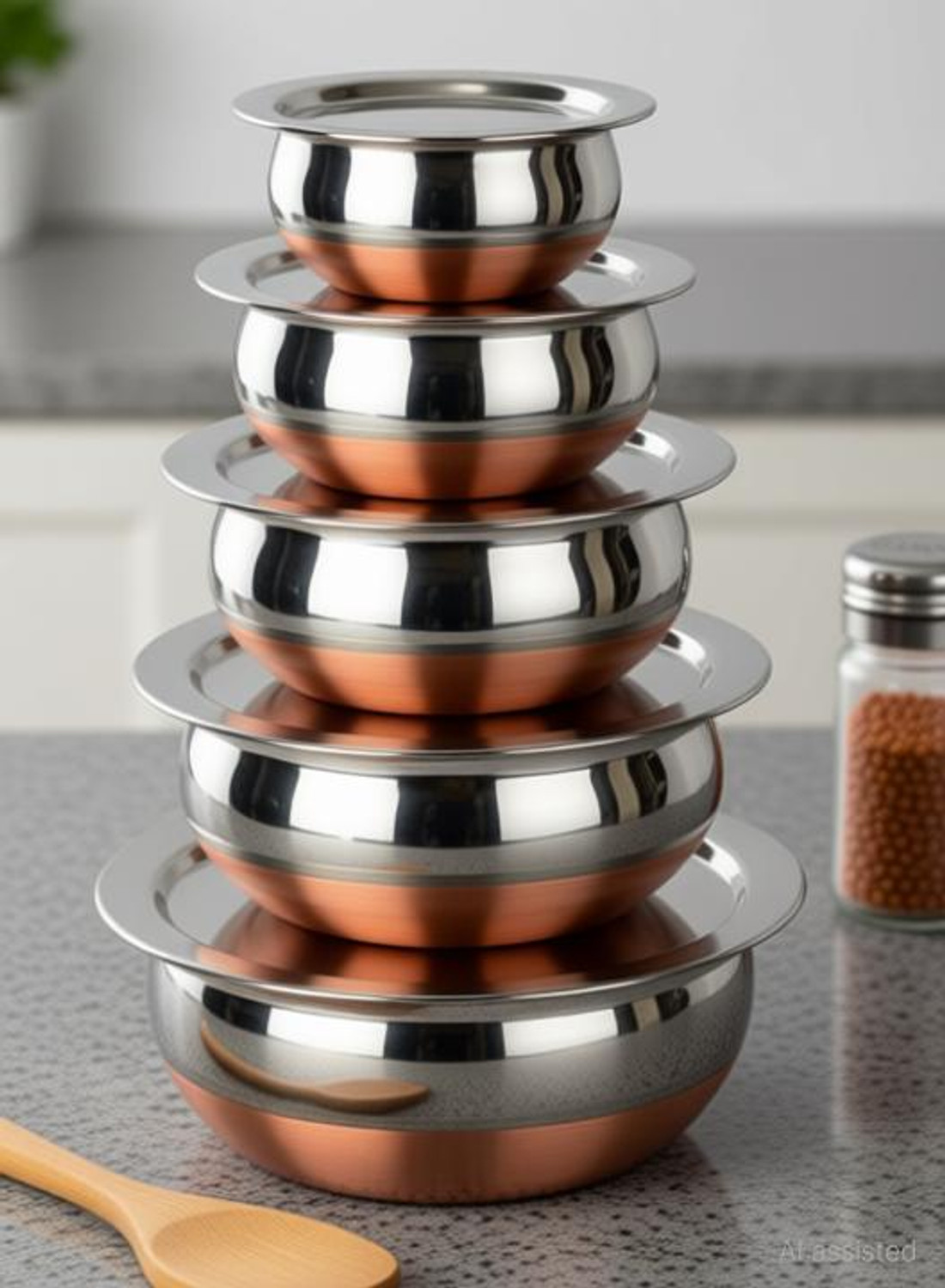 HM EVOTEK Stainless Steel Deep Vessel,Prabhu chatty Handi Cooking Pot For Kitchen withLid Handi 2 L, 1.5 L, 1 L, 0.75 L, 0.5 L with Lid (Stainless Steel, Copper, Induction Bottom) - Image 1