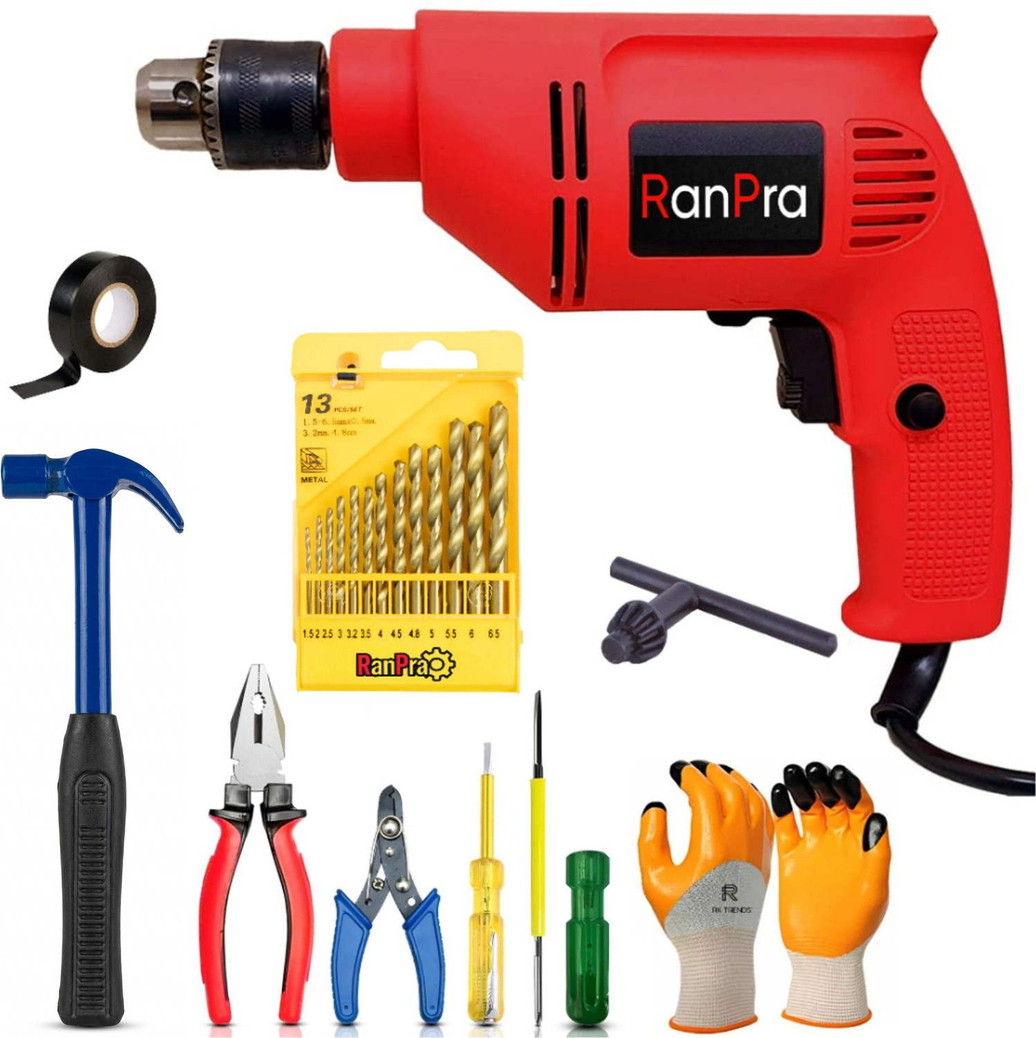 RanPra 10MM HAMMER DRILL MACHINE WITH DRILL BIT SET AND HANDTOOL SET Pistol Grip Drill (10 mm Chuck Size) - Image 1