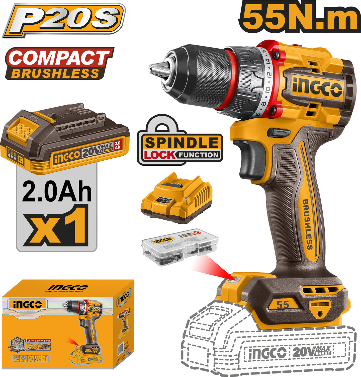 INGCO Compact Brushless Cordless Drill 55Nm, 13mm Metal Chuck, 2-Speed, with 1Pcs Battery, 1Pcs Charger, 47Pcs Accessories, CDLI205582 Cordless Drill (13 mm Chuck Size) - Image 1