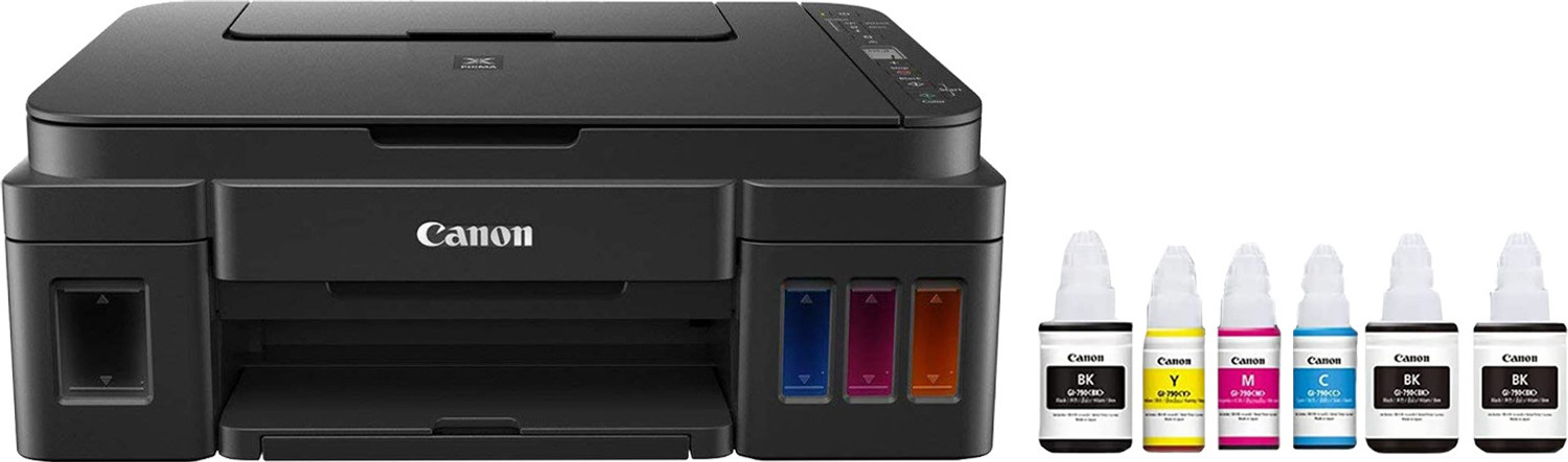 Canon PIXMA Mega Efficient G3012 Multi-function WiFi Color Ink Tank Printer (Color Page Cost: 0.09 Rs. | Black Page Cost: 0.09 Rs. | Borderless Printing) Print, Copy & Scan, Up to 8.8 IPM Mono / 5 IPM Color, Yield: Up to 6,000 Black / 7,000 Color Pages, 2 Additional Black Ink Bottles (6 Ink Bottles Included) - Image 1