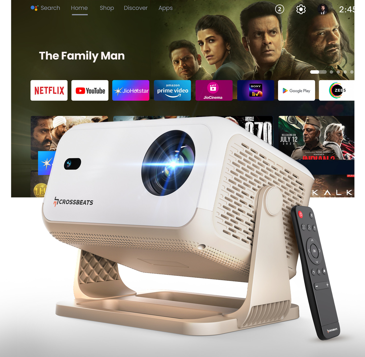 CrossBeats Lumex Cine (16000 lm / 1 Speaker / Wireless / Remote Controller) Portable with 1080p Native&4K Support, Android 11 OS, Built-in Netflix & Prime, Auto Focus, Auto Keystone&Obstacle Avoidance, Up to 300-inch Display Projector (White) - Image 1