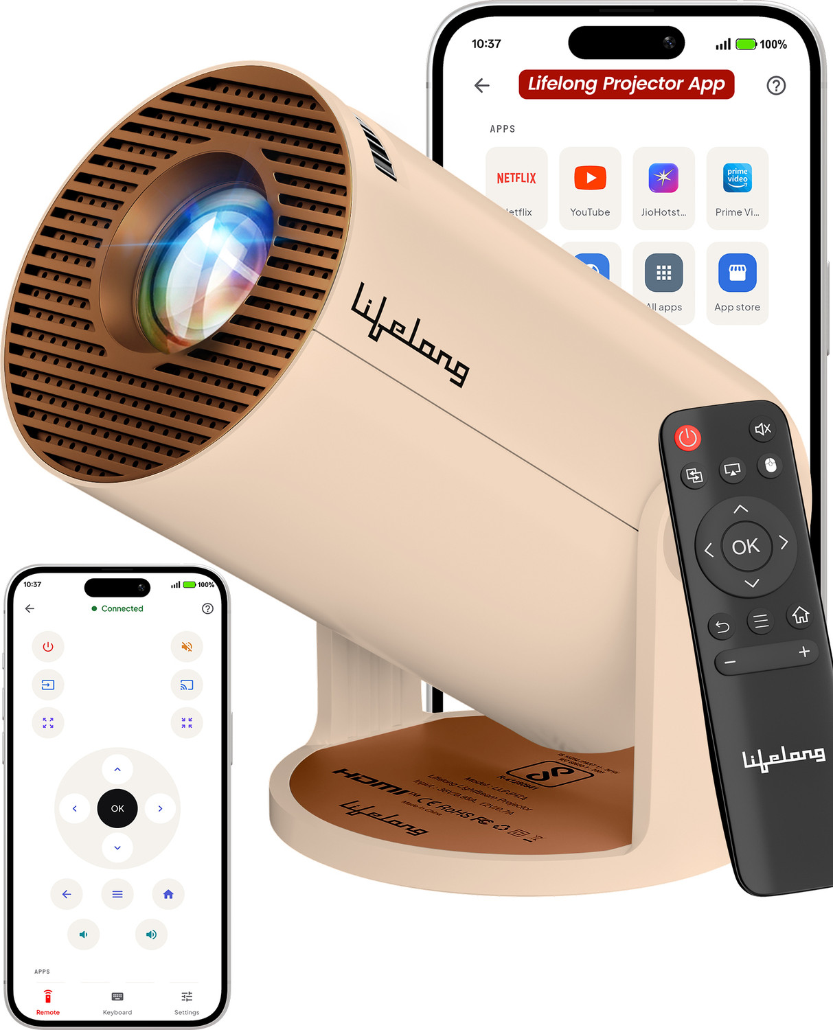Lifelong Lightbeam Smart LED Projector, Android 14, 1080P/4K, 4000L, OTT Apps (4000 lm / 1 Speaker / Wireless / Remote Controller) Portable Projector (Beige) - Image 1