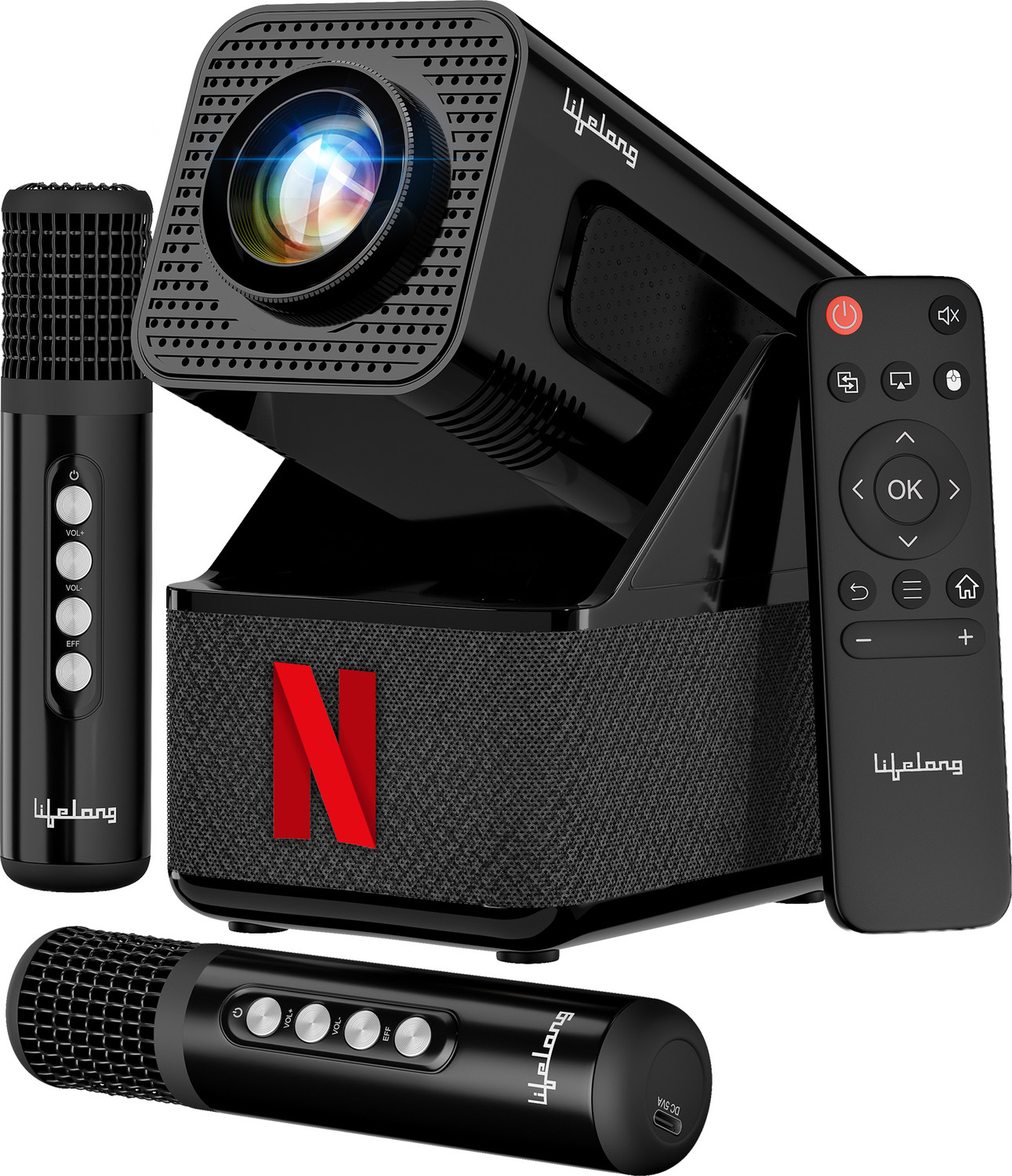 Lifelong ROAR Projector with 2 Mics, 20W Speakers, 1080P & 4K Support, 4000 Lumens & OTT (4500 lm / 1 Speaker / Wireless / Remote Controller) Portable Projector (Black) - Image 1