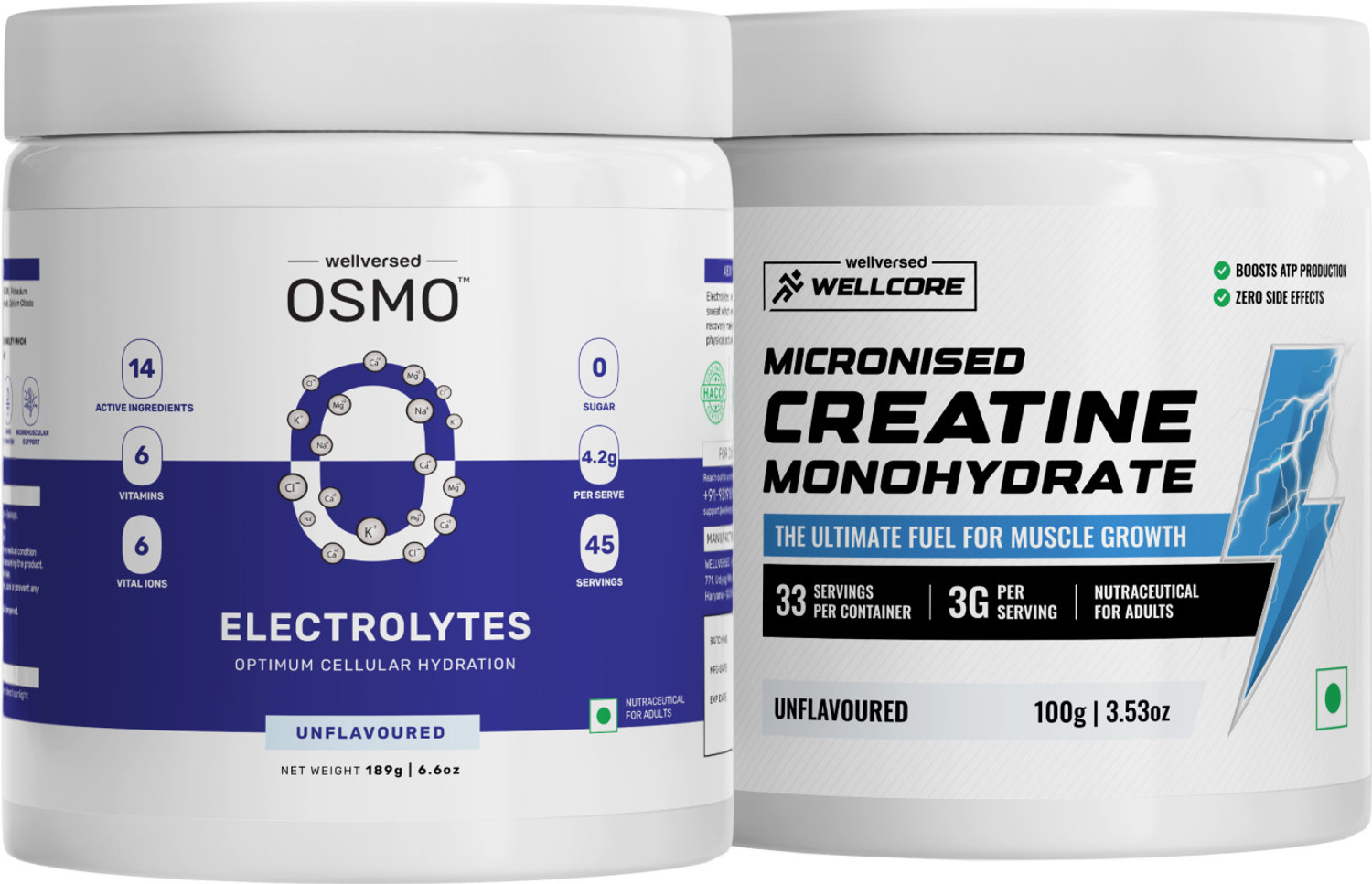 Wellcore Performance Combo Pack | OSMO Electrolytes + Creatine (189 g, 100 g, Unflavoured) - Image 1