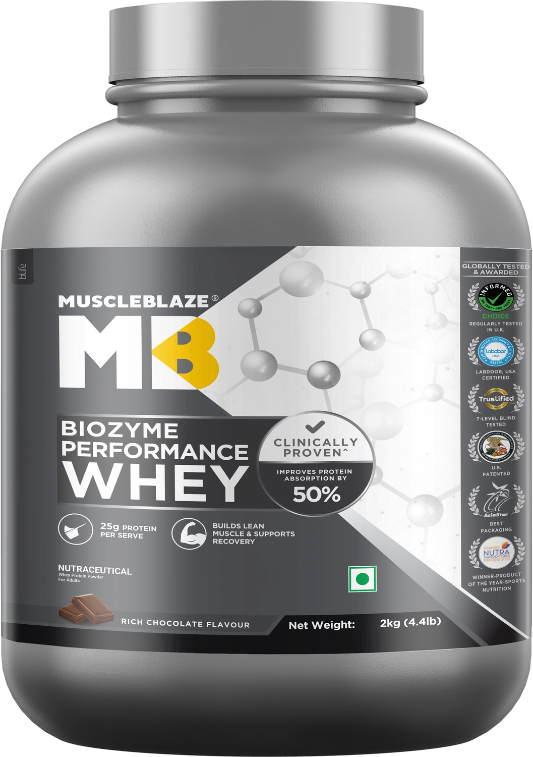 MUSCLEBLAZE Biozyme Performance Whey Protein, 2kg Rich Chocolate - Image 1