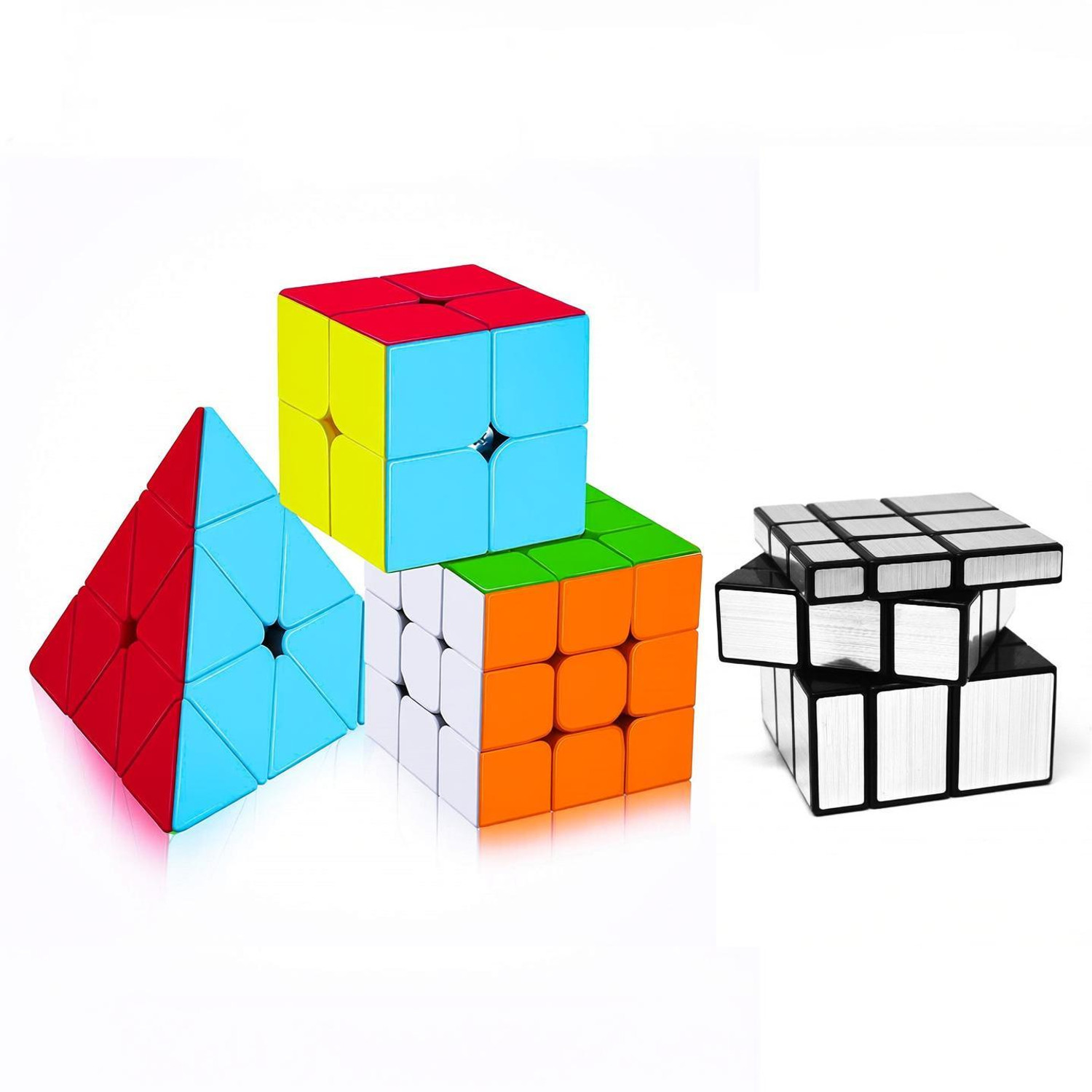 Authfort 2x2, 3x3, Pyramid & Mirror Cube Combo (4 Pieces, Silver) - Image 1