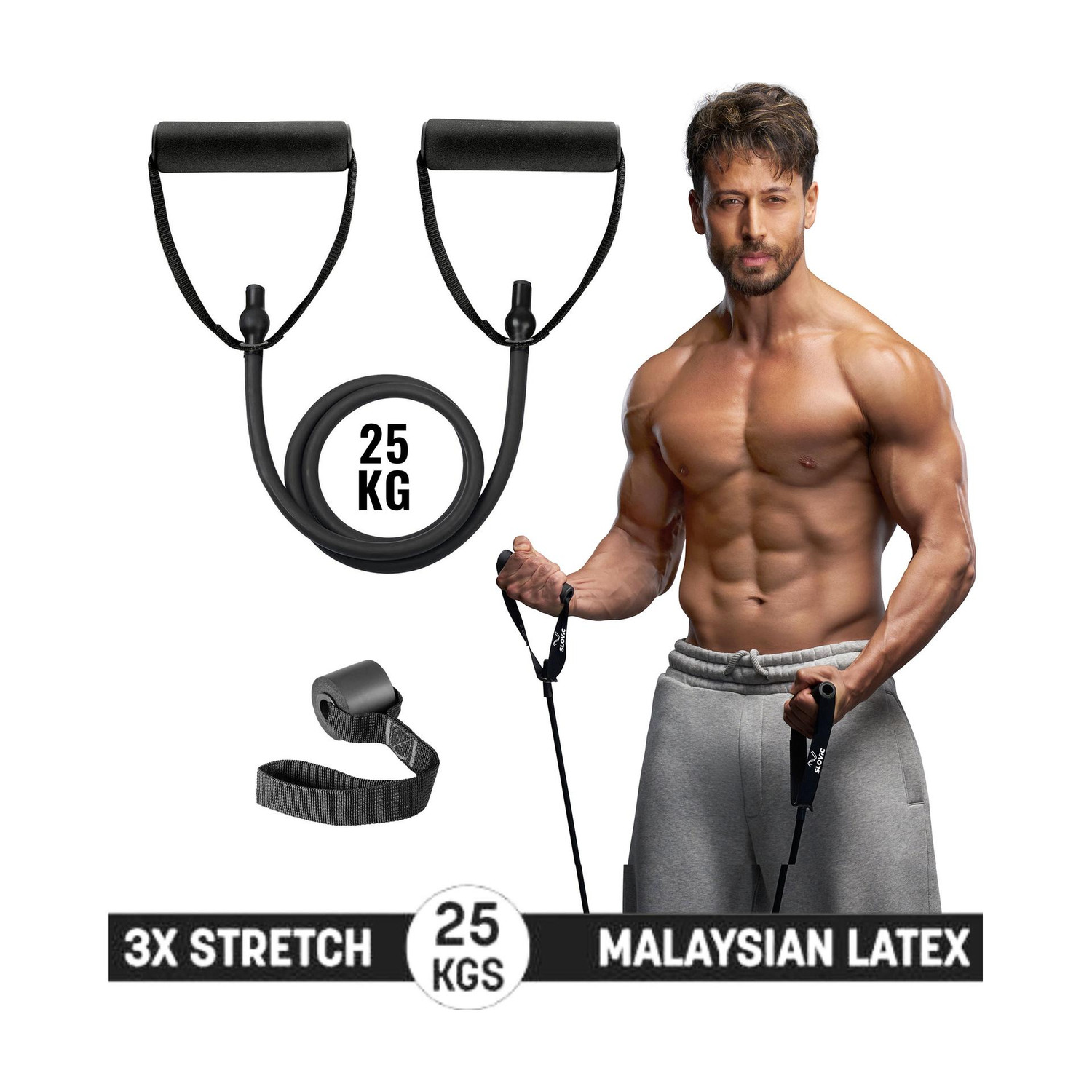 SLOVIC Gym Latex Tube With Foam Handles & Door Anchors For Stretching Excersise(25KGS) Resistance Tube (Black) - Image 1