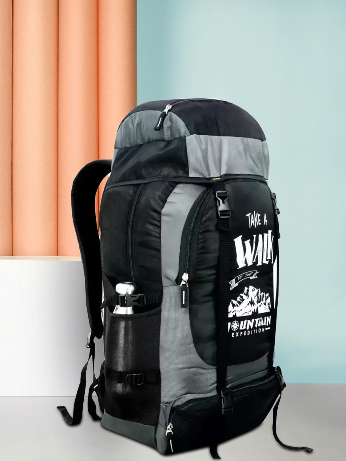 Jholawala Adventure Series Waterproof Trekking Hiking Travel Bag with Shoe Compartment Rucksack - 60 L (Black, Grey) - Image 1