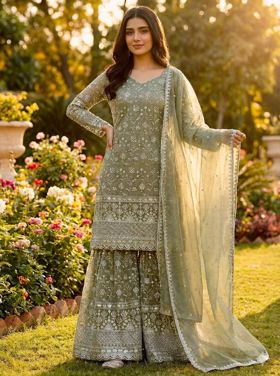 SHRAD Embroidered Kurta, Palazzo & Dupatta Set - Image 1