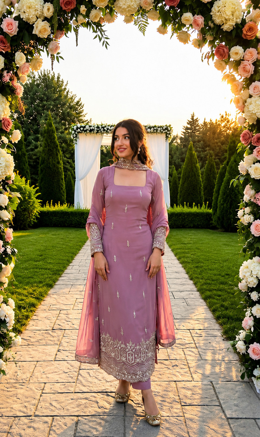 SareeWeb Embroidered Kurta, Trouser & Dupatta Set - Image 1