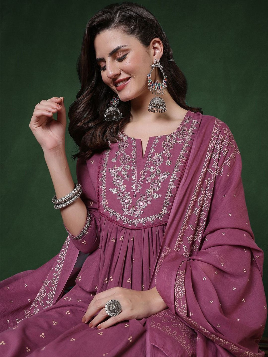 Pehnura Women Pure Cotton Embroidered & Printed Anarkali Kurta, Bottom & Dupatta Set - Image 1