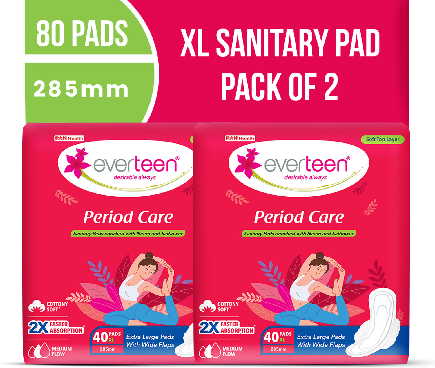 everteen Period Care XL Soft Sanitary Pads with Neem & Safflower, 80 - Image 1