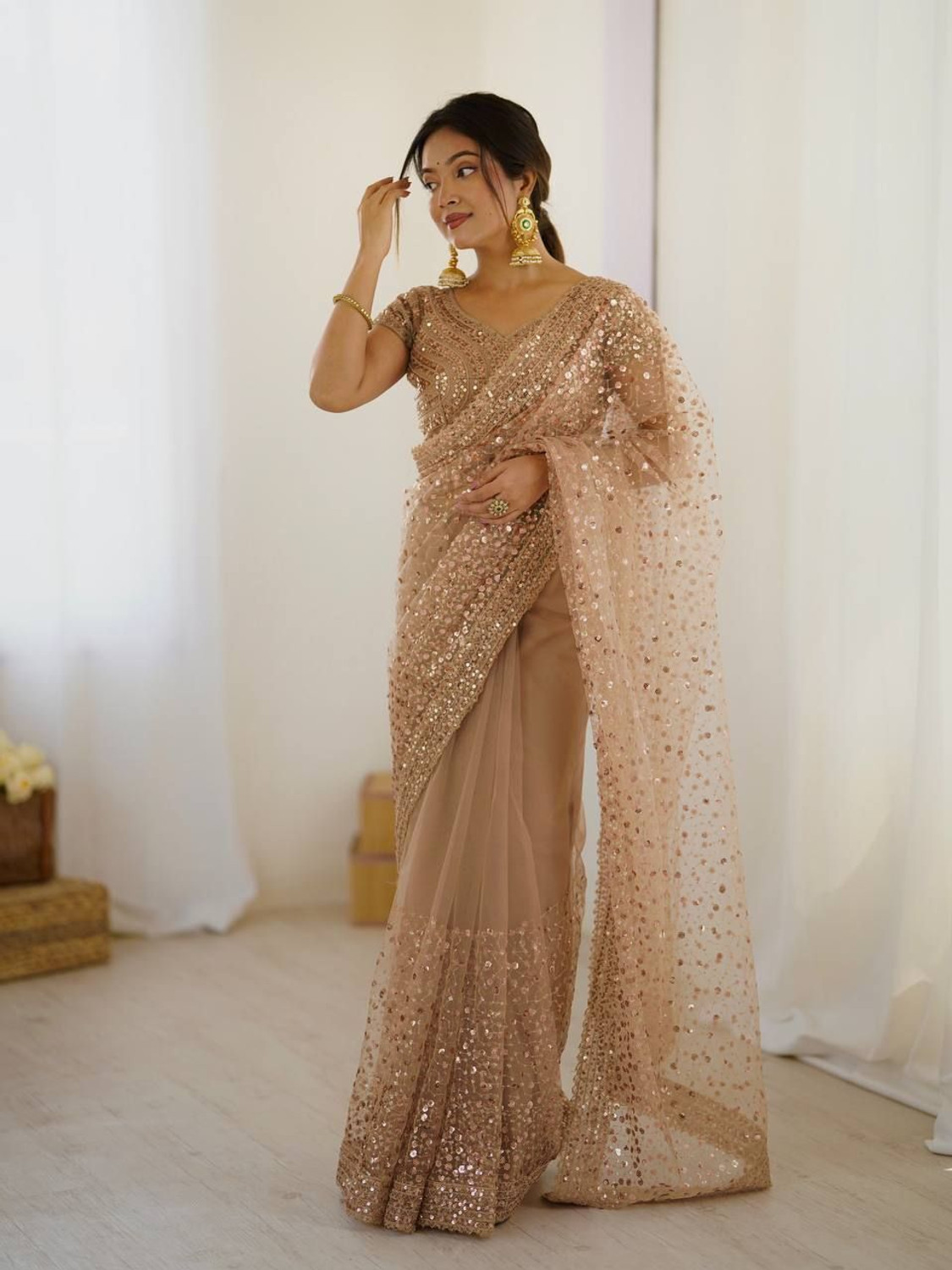 Vinayak Textile Embellished Bollywood Net Saree (Beige) - Image 1