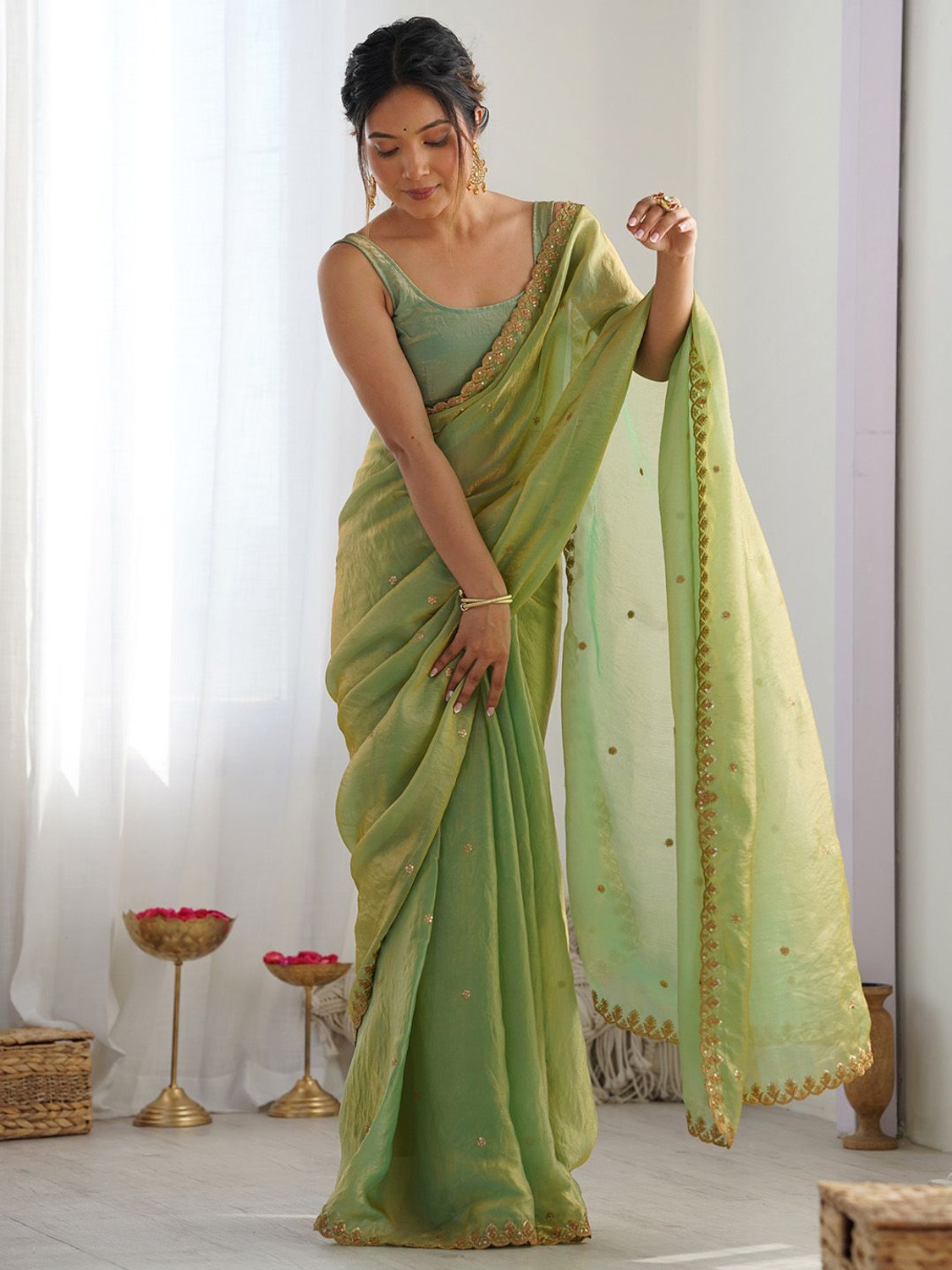 mahi creation Embellished Bollywood Pure Silk Saree (Light Green) - Image 1