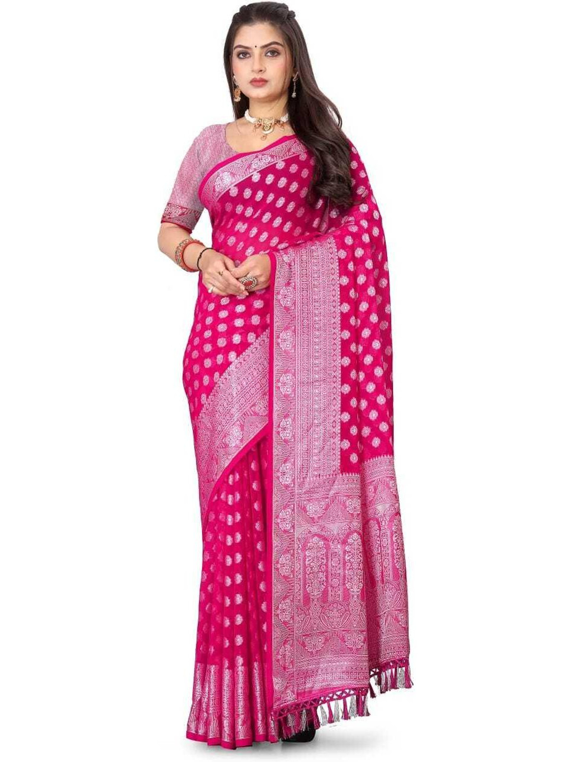 omkar fab Woven Banarasi Georgette Saree (Pink) - Image 1