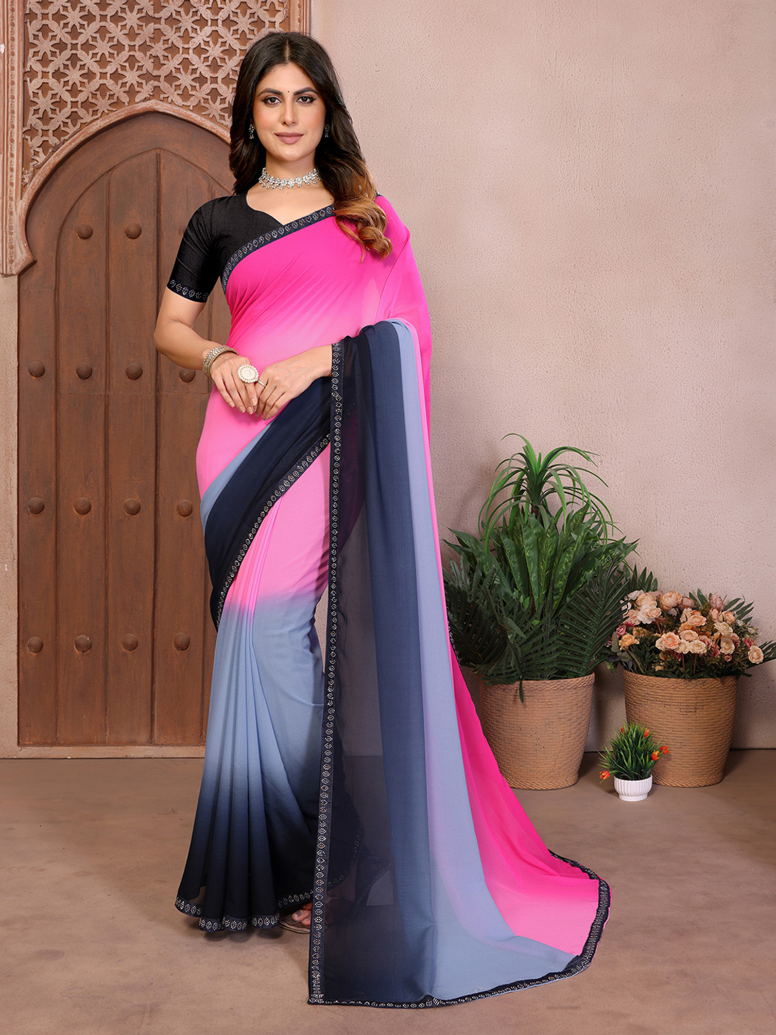 kashvi sarees Ombre Bollywood Georgette Saree Pink Black - Image 1