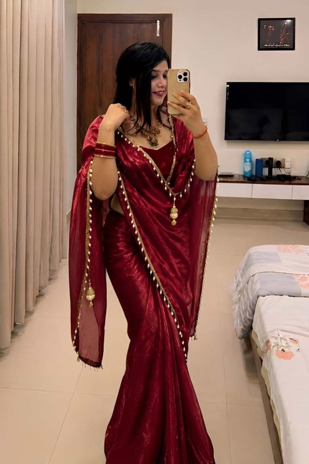 SATVASHIV Embroidered Bollywood Jimmy Jimmy, Satin Saree (Maroon) - Image 1