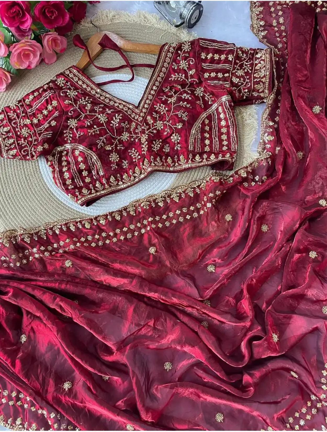 signagraph Embroidered Floral Chiffon Saree (Maroon) - Image 1