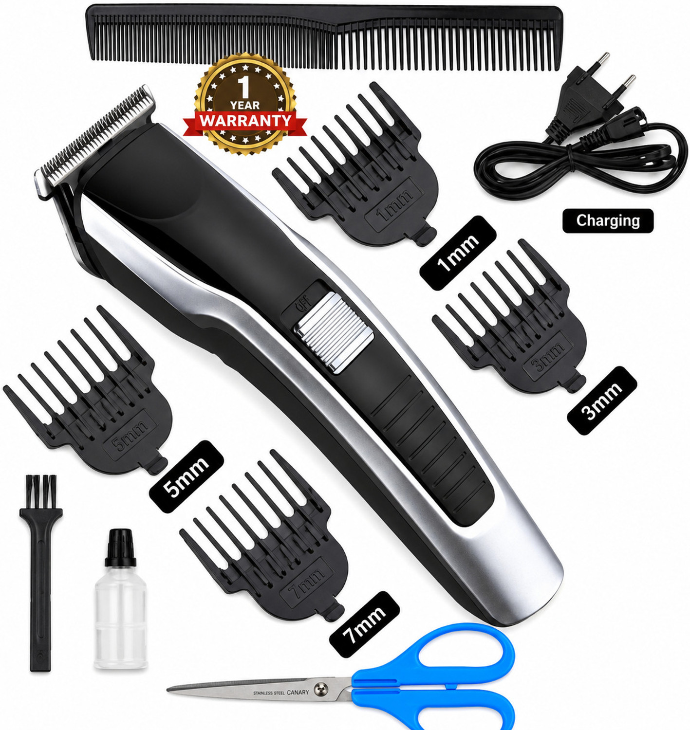 Zeno volt Multi-Length Hair Clipper Kit with 4 Combs, USB, Silver - Image 1