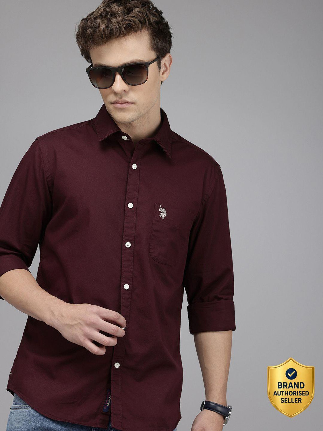 U.S. POLO ASSN. Men Slim Fit Solid Cut Away Collar Casual Shirt - Image 1