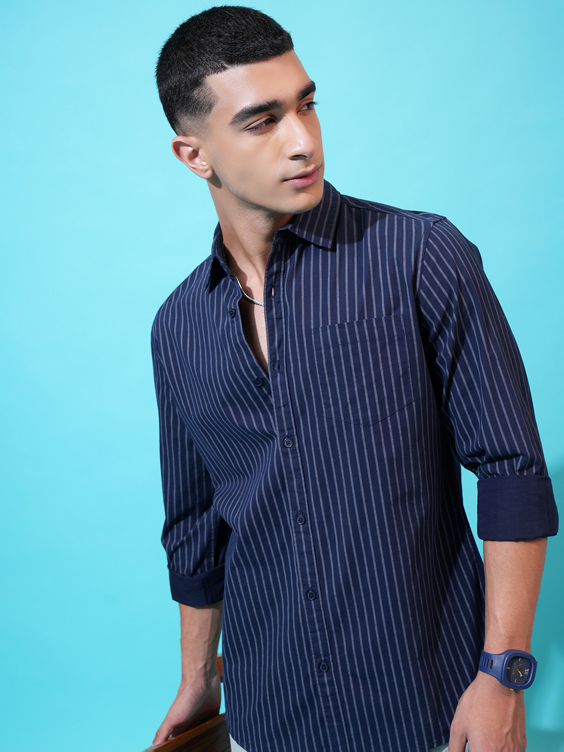 HIGHLANDER Men Slim Fit Striped Cut Away Collar Formal Shirt - Image 1