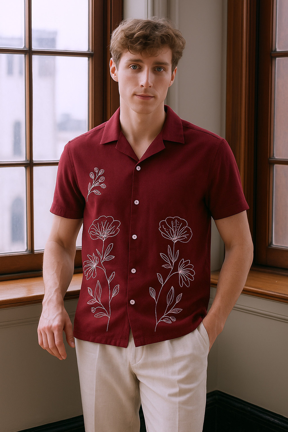 FTX Men Regular Fit Embroidered Lapel Collar Casual Shirt - Image 1