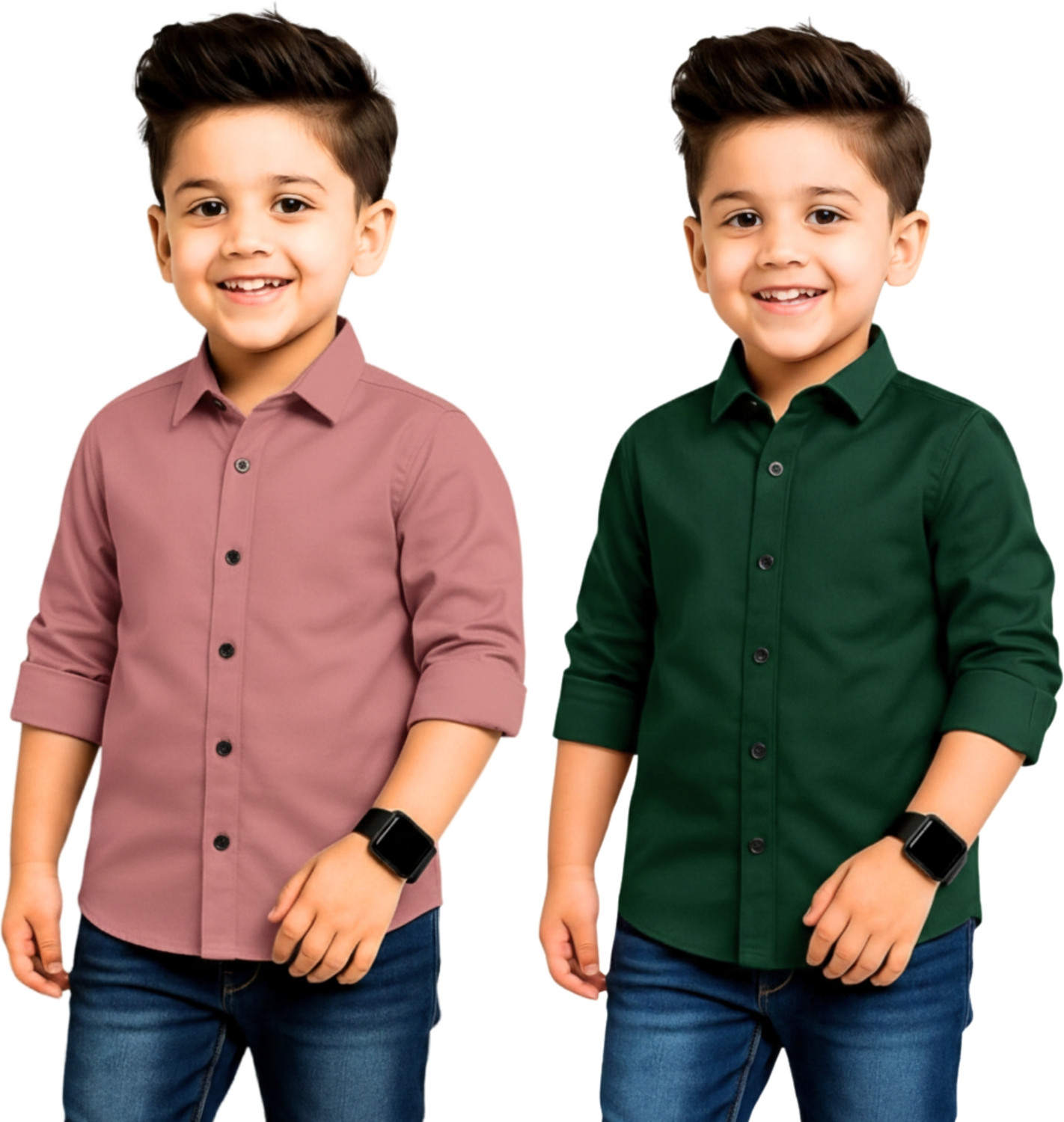 YYQ Boys Regular Fit Solid Spread Collar Casual Shirt (Pack of 2) - Image 1
