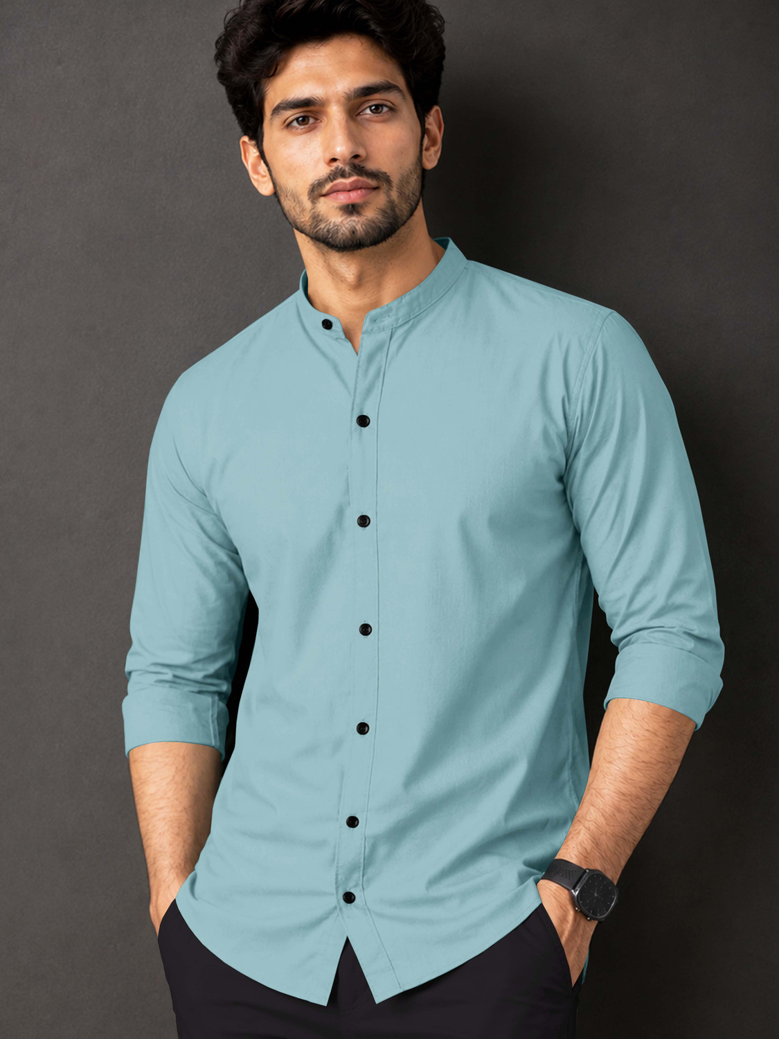VeBNoR Men Regular Fit Solid Mandarin Collar Casual Shirt - Image 1