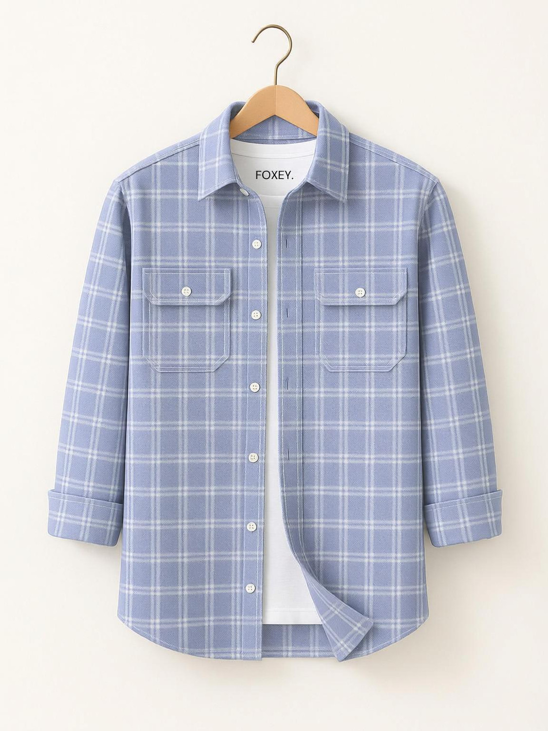 FOXEY Men Checkered Casual Blue Shirt - Image 1