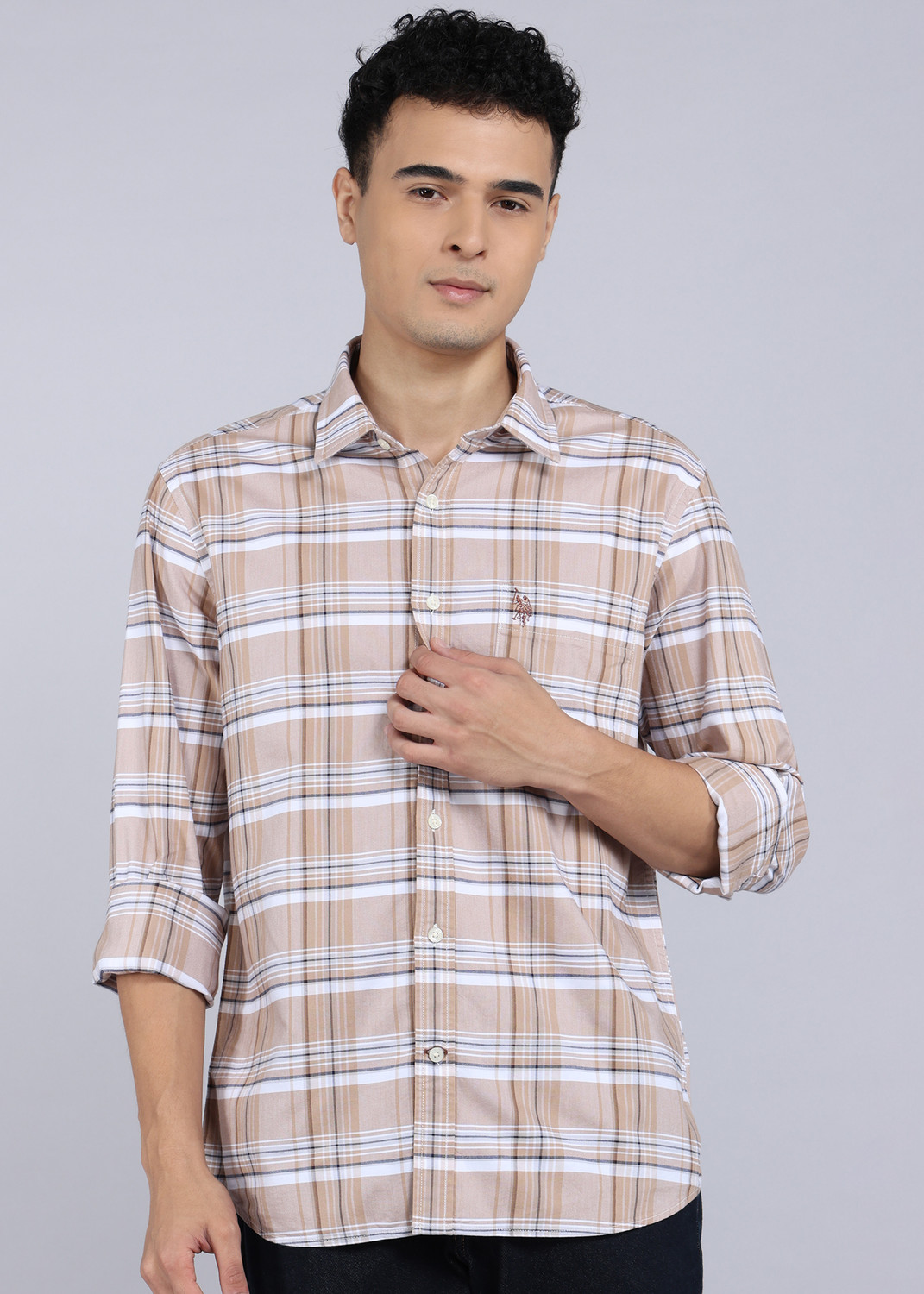 U.S. POLO ASSN. Men Checkered Casual Beige Shirt - Image 1