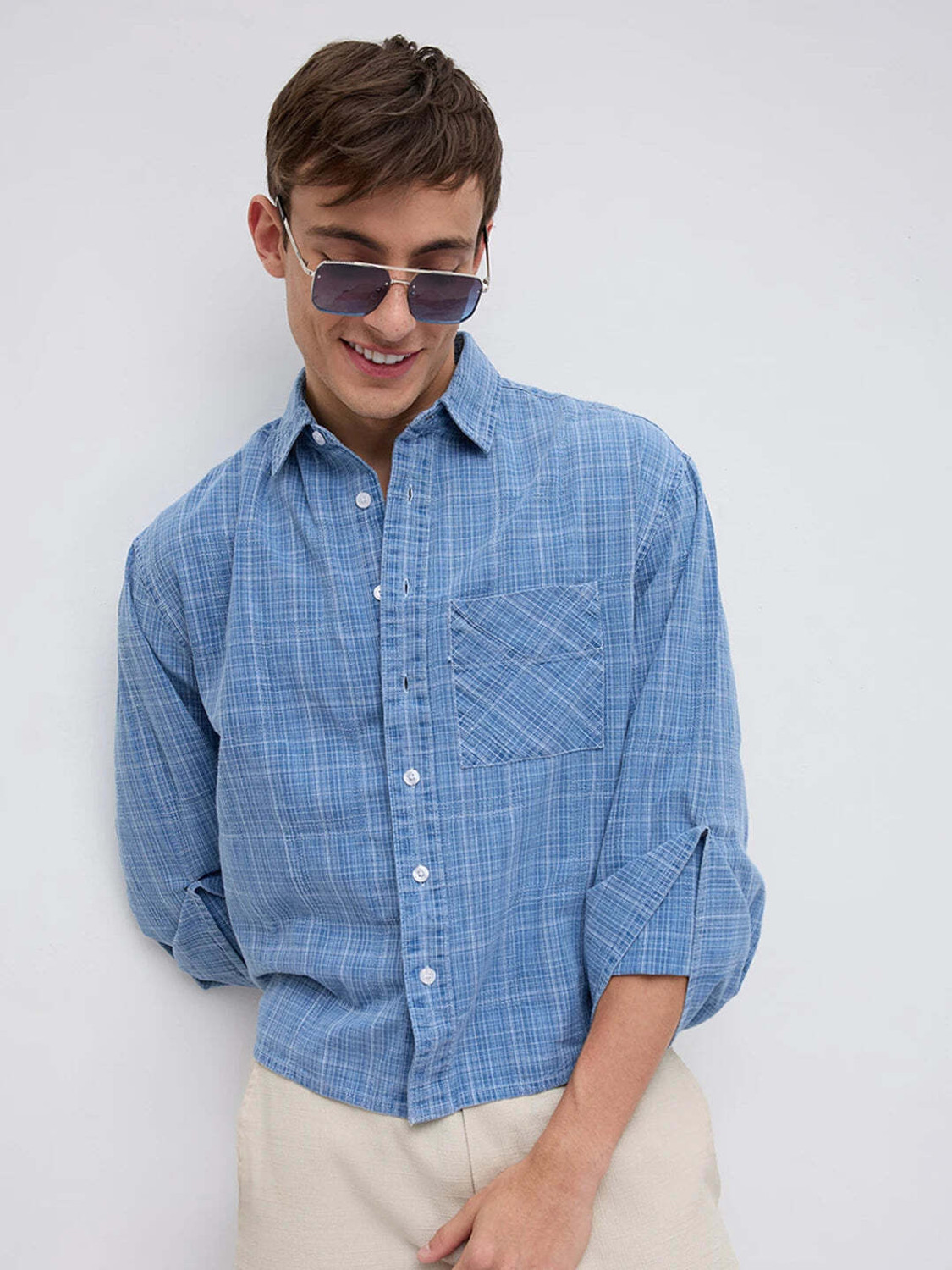 VASTRADO Men Checkered Casual Blue Shirt - Image 1