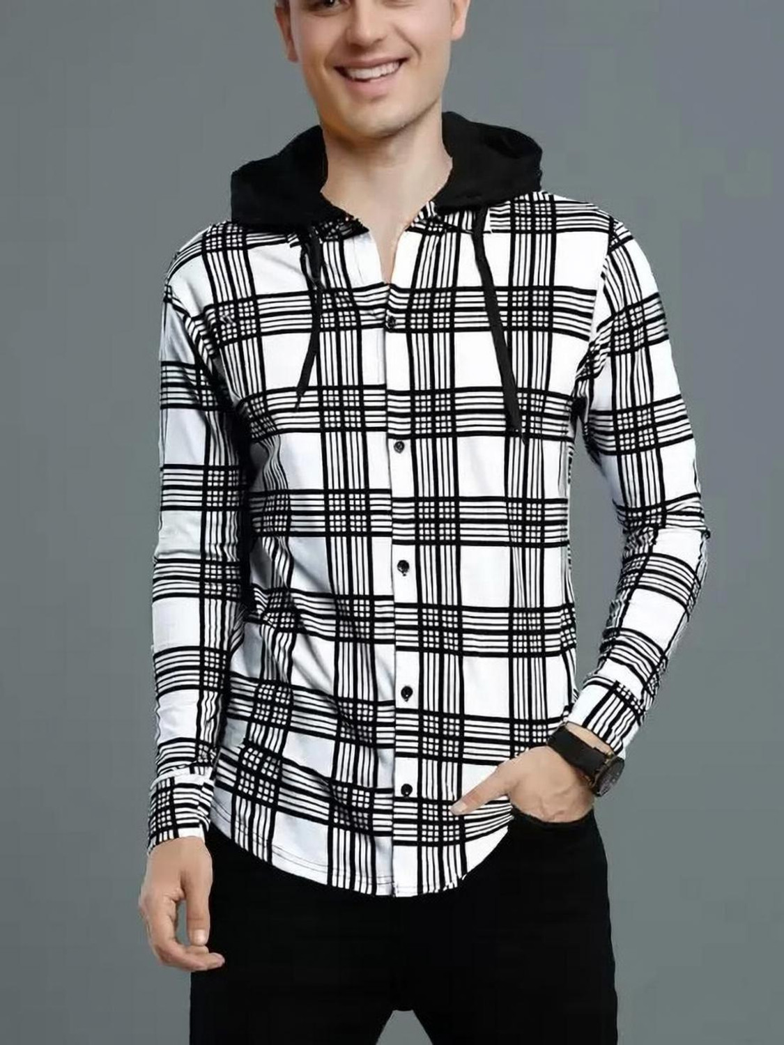 Try This Men Slim Fit Striped Hood Casual Shirt - Image 1